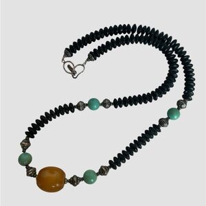 Vintage Beaded Statement Necklace /Elegant / 18”/ with large Amber focal bead